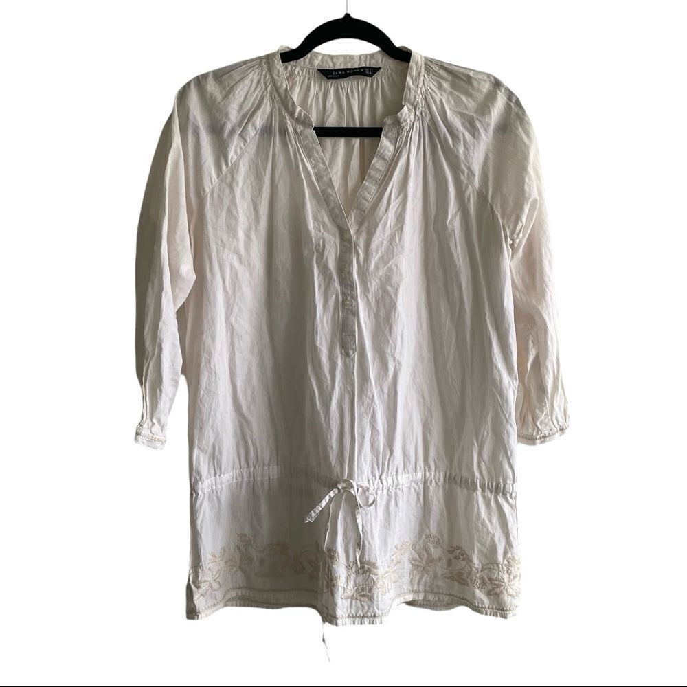 ZARA Cotton Pinstripe Long Sleeve Embroidered Blouse White Tan S